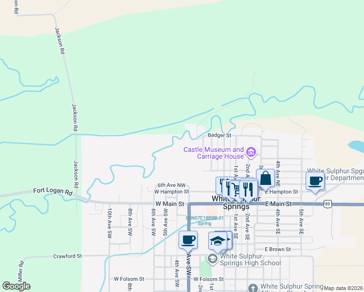 map of restaurants, bars, coffee shops, grocery stores, and more near 503 West Baker Street in White Sulphur Springs