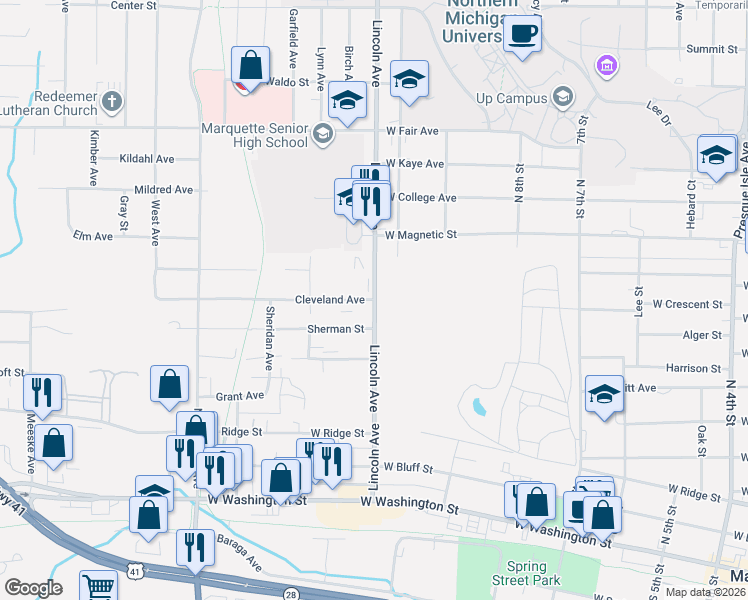 map of restaurants, bars, coffee shops, grocery stores, and more near 801 Lincoln Avenue in Marquette