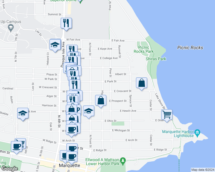 map of restaurants, bars, coffee shops, grocery stores, and more near 1016 High Street in Marquette