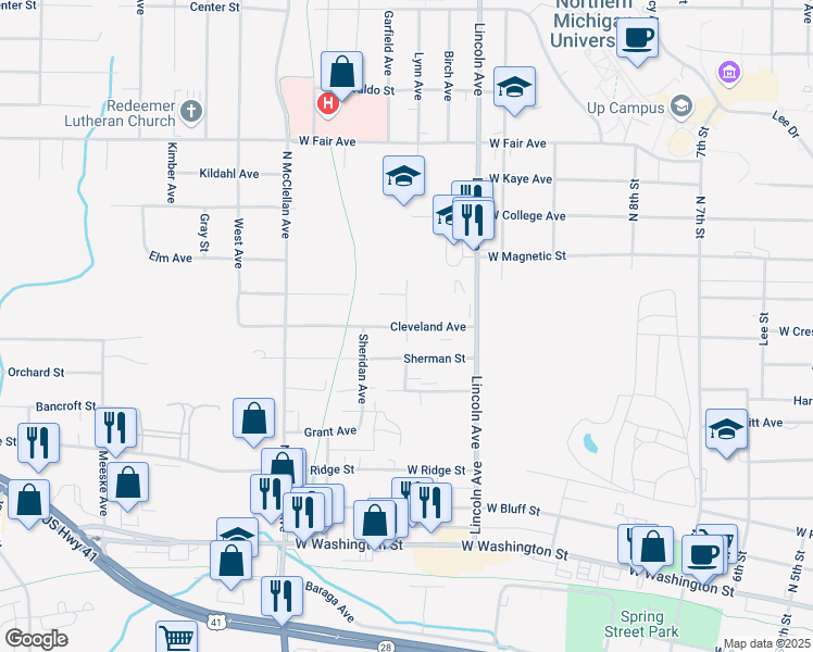 map of restaurants, bars, coffee shops, grocery stores, and more near Logan Street in Marquette