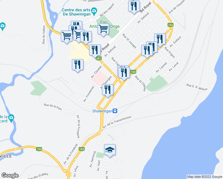 map of restaurants, bars, coffee shops, grocery stores, and more near 1666 Avenue Champlain in Shawinigan