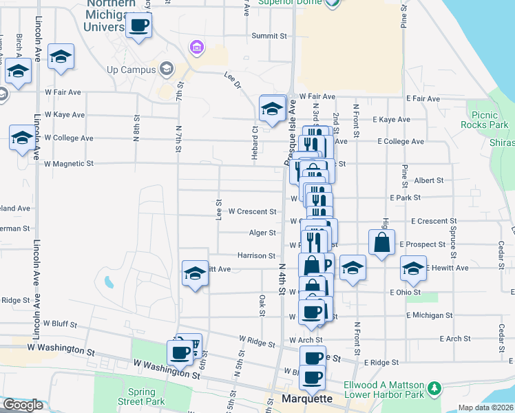 map of restaurants, bars, coffee shops, grocery stores, and more near 345 West Park Street in Marquette