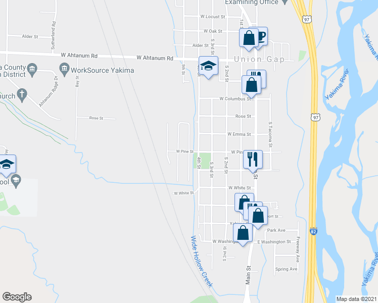 map of restaurants, bars, coffee shops, grocery stores, and more near 429 West Pine Street in Union Gap