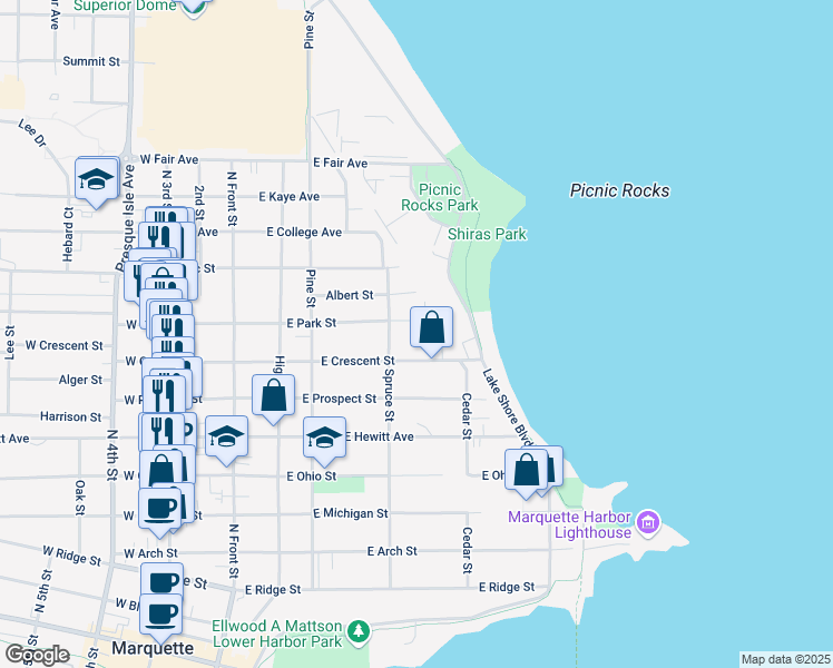map of restaurants, bars, coffee shops, grocery stores, and more near 405 E Park St in Marquette