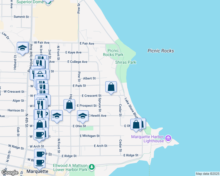 map of restaurants, bars, coffee shops, grocery stores, and more near 405 E Park St in Marquette