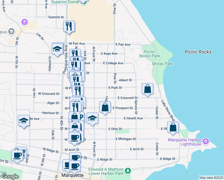map of restaurants, bars, coffee shops, grocery stores, and more near 1016 High Street in Marquette