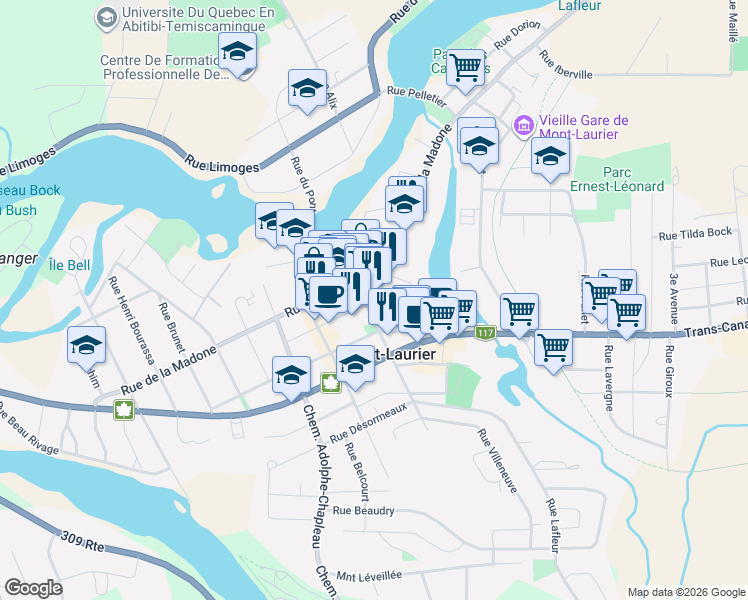 map of restaurants, bars, coffee shops, grocery stores, and more near 453 Rue Mercier in Mont-Laurier