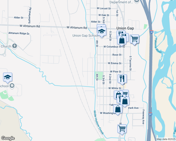 map of restaurants, bars, coffee shops, grocery stores, and more near 429-467 West Pine Street in Union Gap