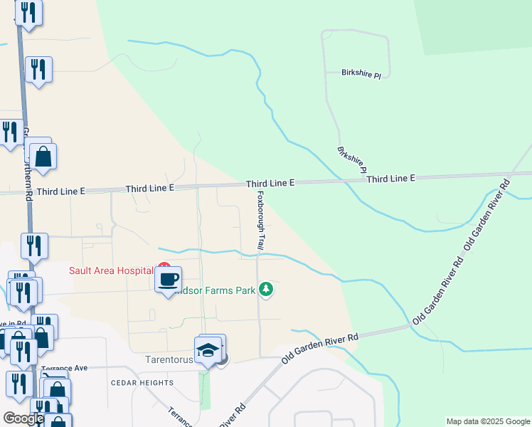 map of restaurants, bars, coffee shops, grocery stores, and more near 134 Foxborough Trail in Sault Ste. Marie