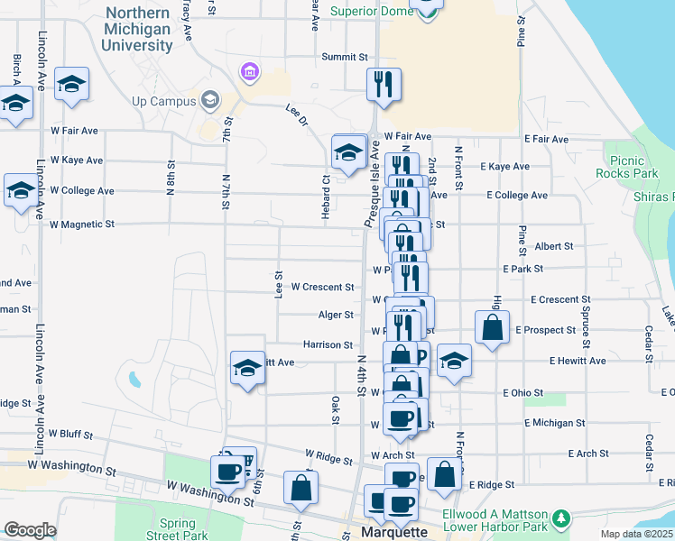 map of restaurants, bars, coffee shops, grocery stores, and more near 318 West Park Street in Marquette