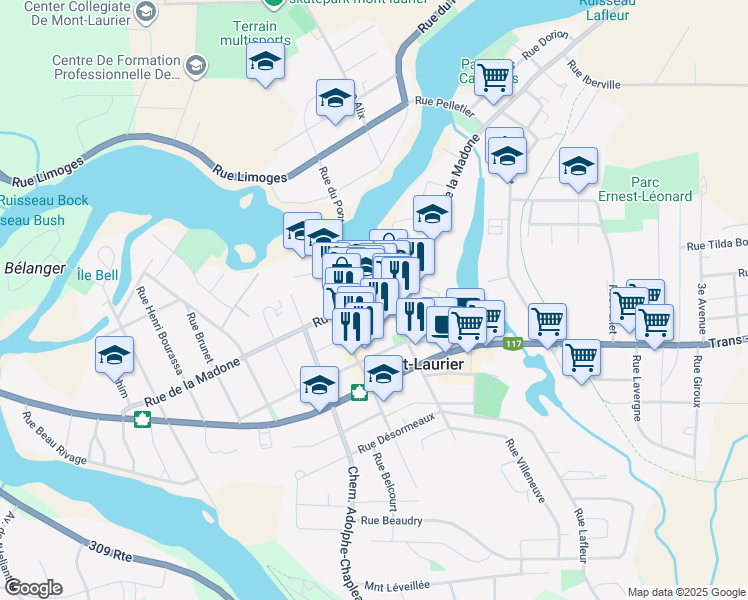 map of restaurants, bars, coffee shops, grocery stores, and more near in Mont-Laurier