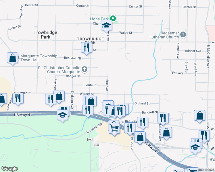 map of restaurants, bars, coffee shops, grocery stores, and more near 590 Erie Avenue in Marquette