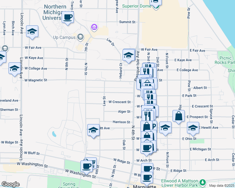 map of restaurants, bars, coffee shops, grocery stores, and more near 345 West Park Street in Marquette