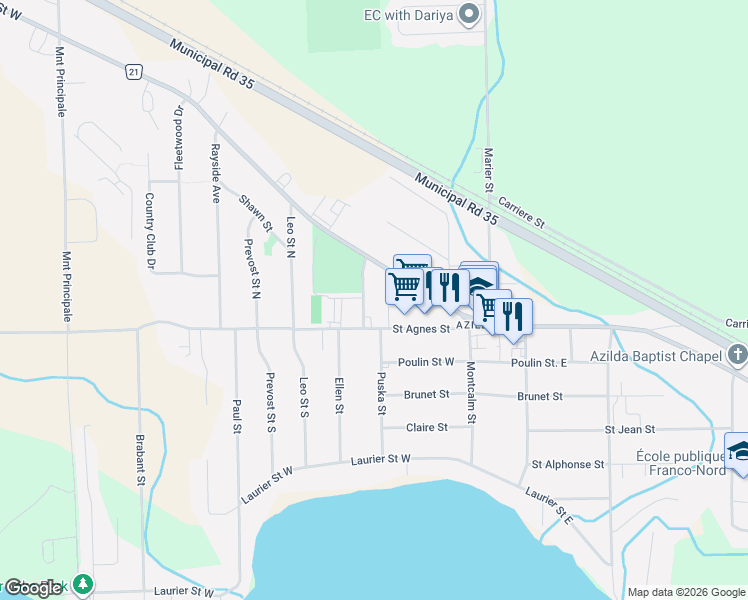 map of restaurants, bars, coffee shops, grocery stores, and more near 155 Regional Road 21 in Greater Sudbury