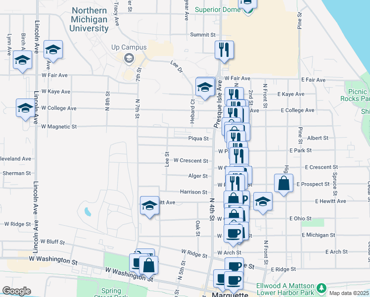map of restaurants, bars, coffee shops, grocery stores, and more near 351 West Park Street in Marquette