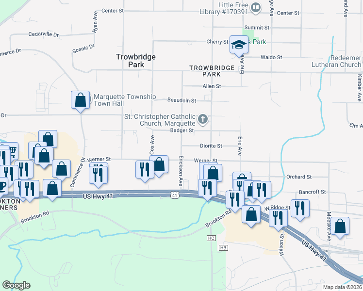 map of restaurants, bars, coffee shops, grocery stores, and more near 2398 Diorite St in Marquette