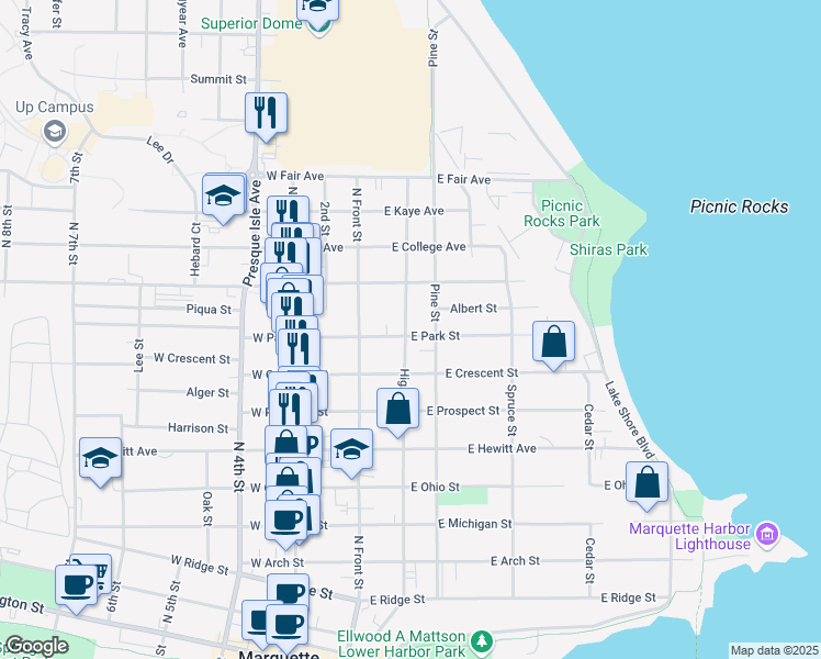 map of restaurants, bars, coffee shops, grocery stores, and more near 1016 High Street in Marquette