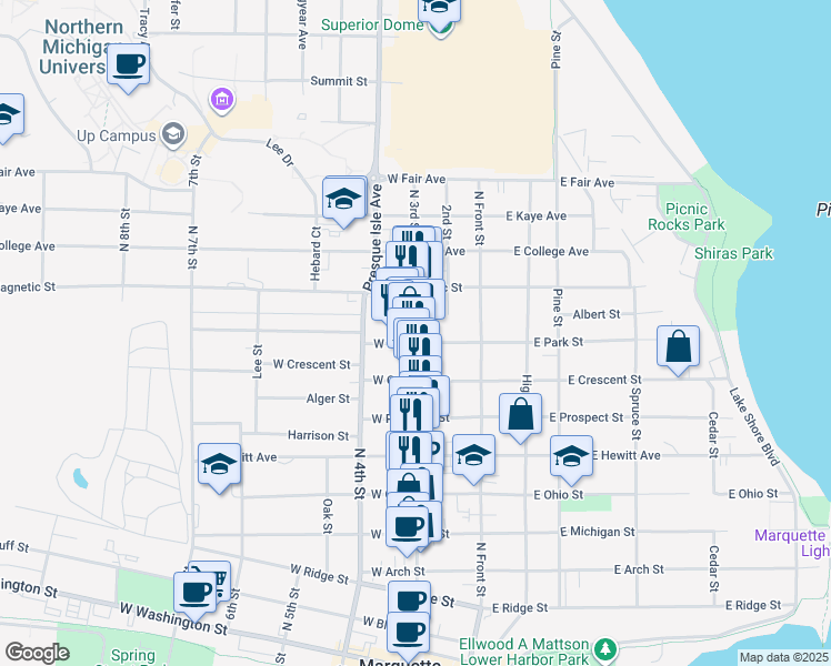 map of restaurants, bars, coffee shops, grocery stores, and more near 1010 North 3rd Street in Marquette