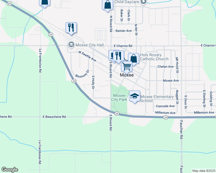 map of restaurants, bars, coffee shops, grocery stores, and more near 308 South Rivard Road in Moxee