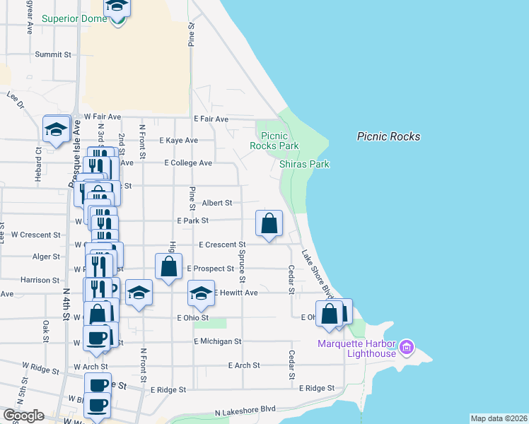map of restaurants, bars, coffee shops, grocery stores, and more near 401 East Park Street in Marquette