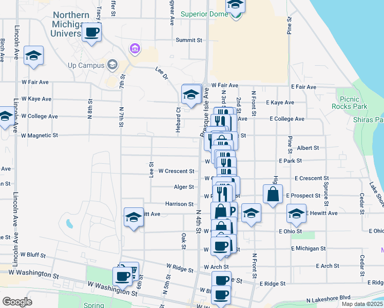 map of restaurants, bars, coffee shops, grocery stores, and more near 318 West Park Street in Marquette