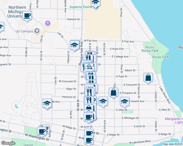 map of restaurants, bars, coffee shops, grocery stores, and more near 1010 North 3rd Street in Marquette