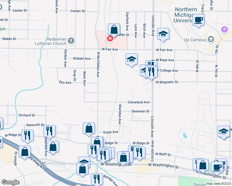 map of restaurants, bars, coffee shops, grocery stores, and more near Logan Street in Marquette