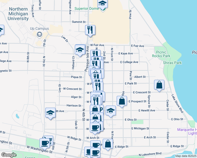 map of restaurants, bars, coffee shops, grocery stores, and more near 1012 North 3rd Street in Marquette