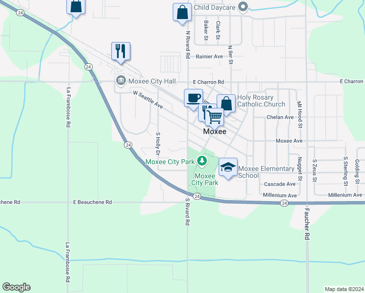 map of restaurants, bars, coffee shops, grocery stores, and more near 308 South Rivard Road in Moxee