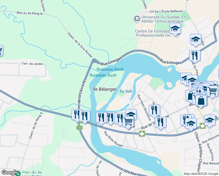 map of restaurants, bars, coffee shops, grocery stores, and more near Rue des Algonquins in Mont-Laurier