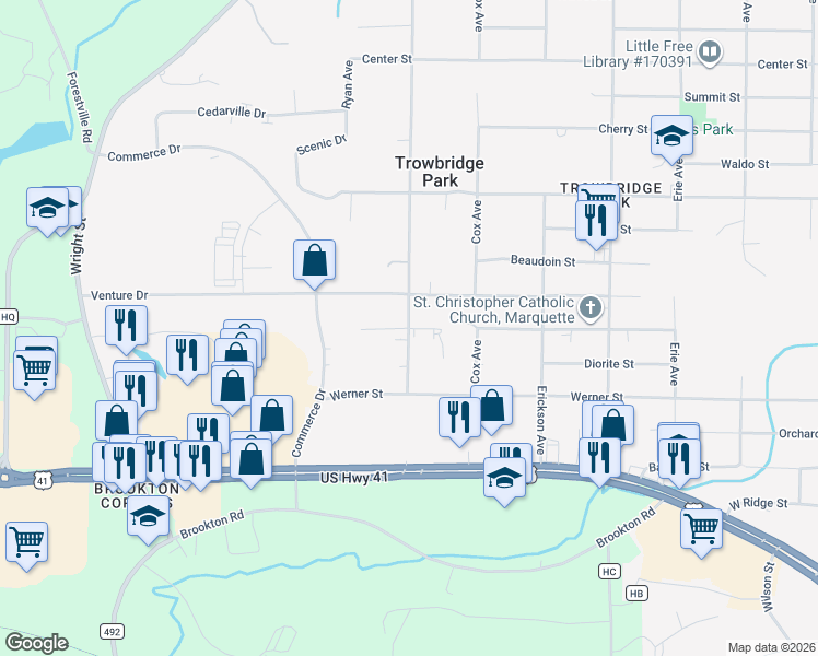 map of restaurants, bars, coffee shops, grocery stores, and more near 699 North Vandenboom Avenue in Marquette