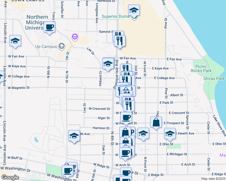 map of restaurants, bars, coffee shops, grocery stores, and more near 321 West Magnetic Street in Marquette