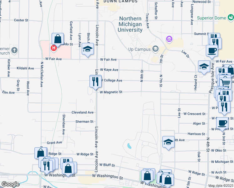 map of restaurants, bars, coffee shops, grocery stores, and more near 911 West Magnetic Street in Marquette