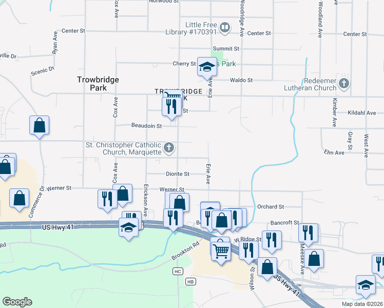 map of restaurants, bars, coffee shops, grocery stores, and more near Moran Street in Marquette