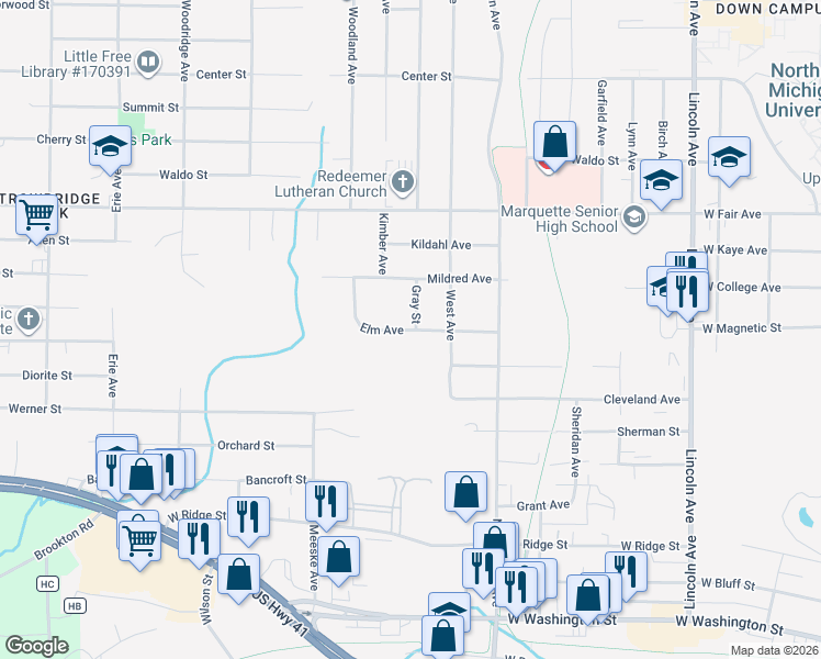 map of restaurants, bars, coffee shops, grocery stores, and more near 1201-1299 Gray Street in Marquette