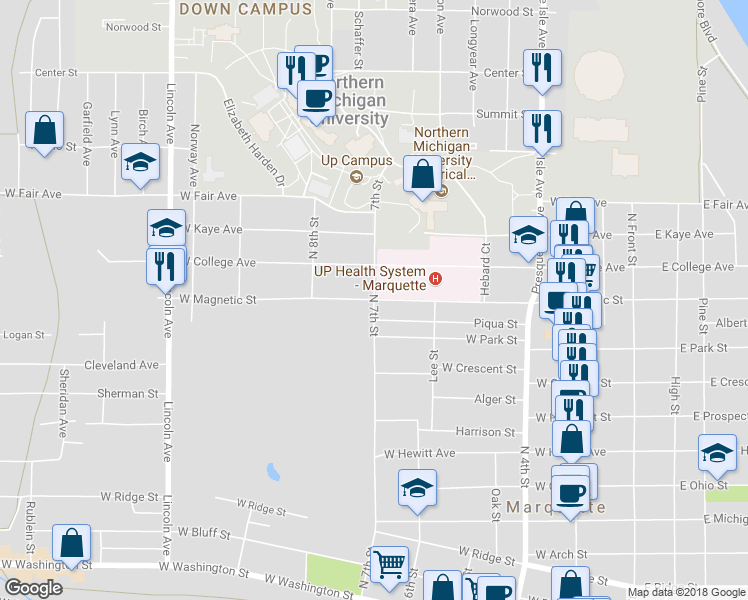 map of restaurants, bars, coffee shops, grocery stores, and more near 1198 North 7th Street in Marquette