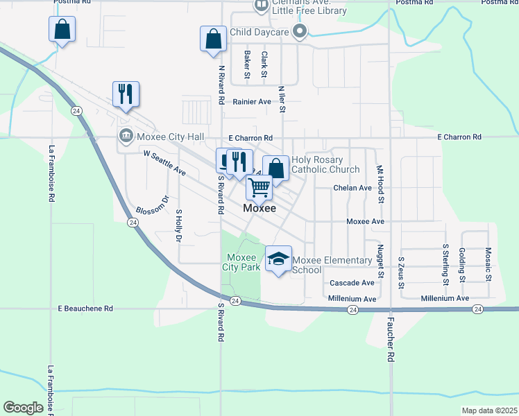 map of restaurants, bars, coffee shops, grocery stores, and more near in Moxee