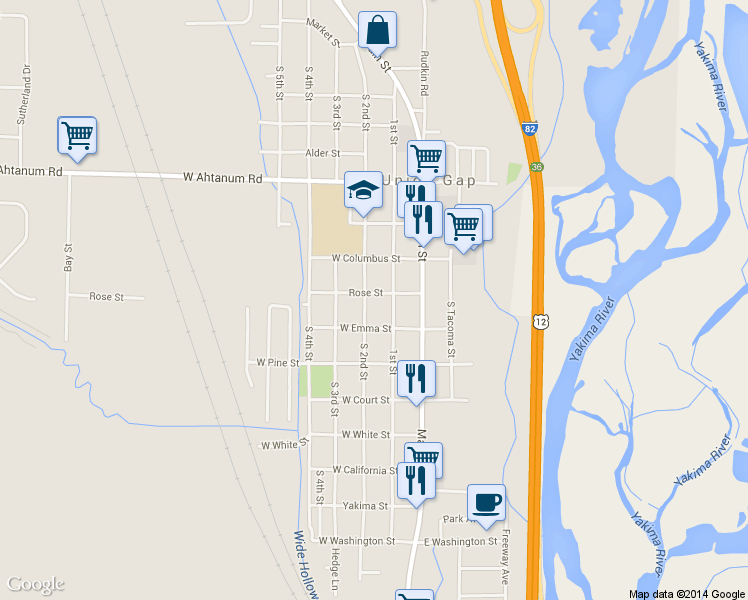 map of restaurants, bars, coffee shops, grocery stores, and more near 106 Rose St in Union Gap