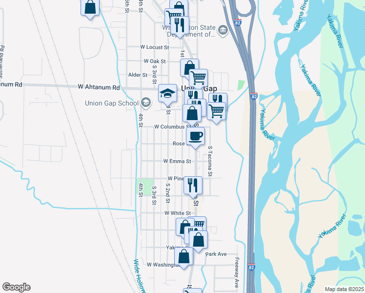 map of restaurants, bars, coffee shops, grocery stores, and more near 100-106 Rose Street in Union Gap