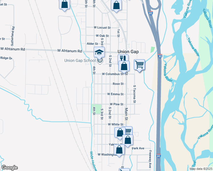 map of restaurants, bars, coffee shops, grocery stores, and more near 204 Rose Street in Union Gap