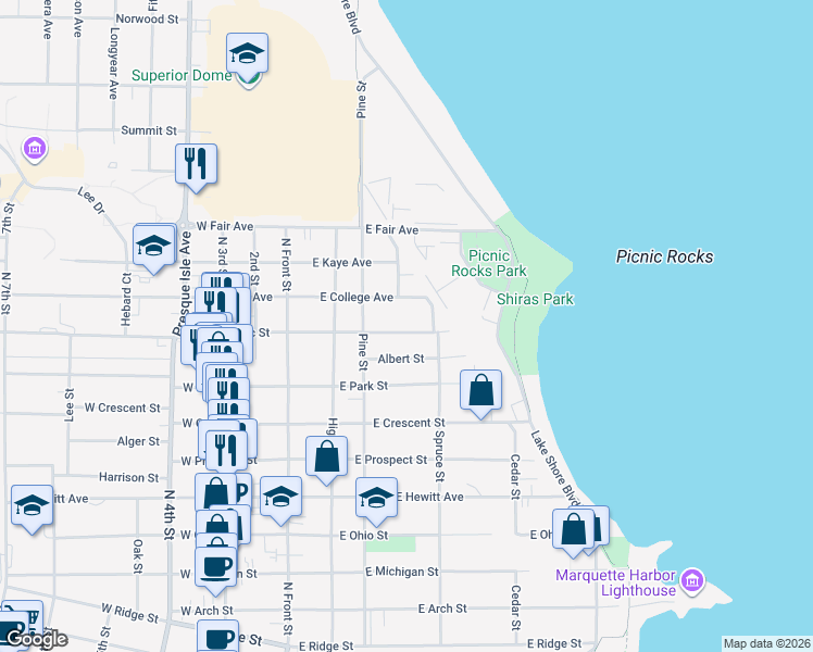 map of restaurants, bars, coffee shops, grocery stores, and more near 417 East Magnetic Street in Marquette