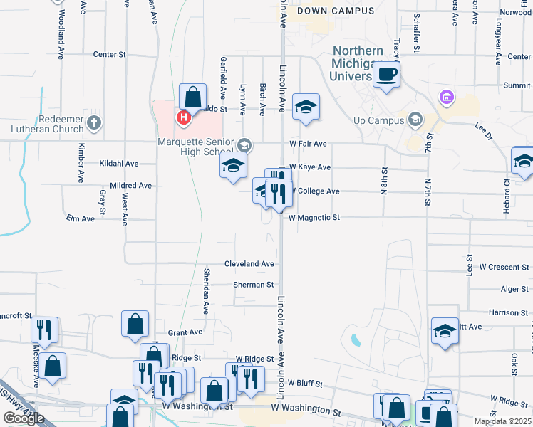 map of restaurants, bars, coffee shops, grocery stores, and more near 1103 West College Avenue in Marquette