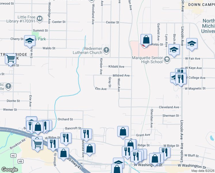 map of restaurants, bars, coffee shops, grocery stores, and more near 1201 Gray Street in Marquette