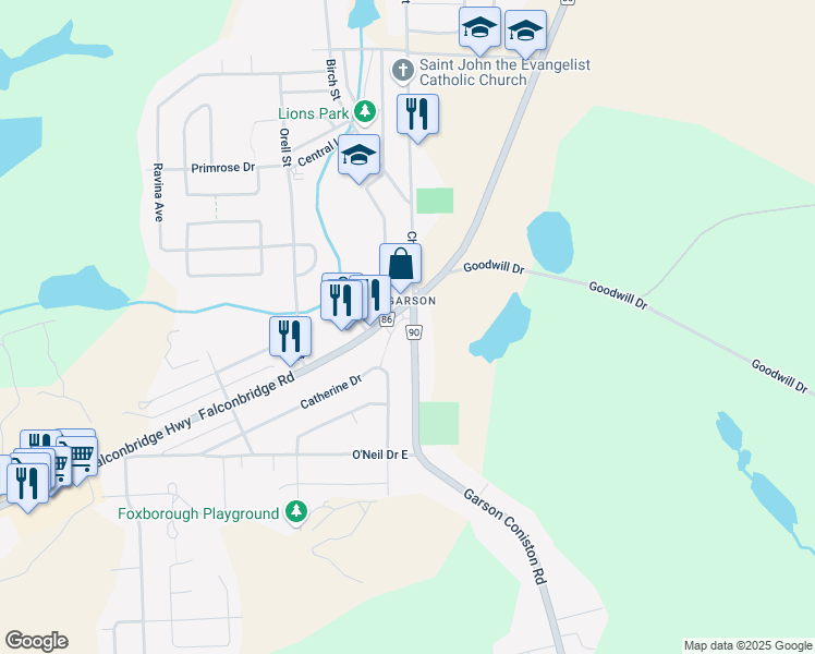 map of restaurants, bars, coffee shops, grocery stores, and more near 1 Garson Coniston Road in Greater Sudbury