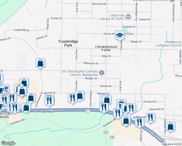 map of restaurants, bars, coffee shops, grocery stores, and more near 2301-2399 Moran St in Marquette