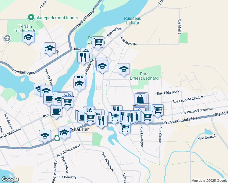 map of restaurants, bars, coffee shops, grocery stores, and more near 565 Rue Juteau in Mont-Laurier