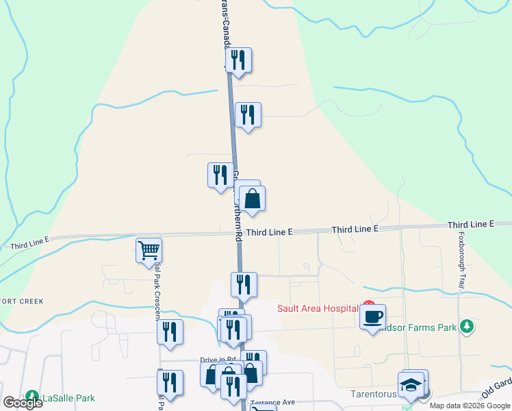 map of restaurants, bars, coffee shops, grocery stores, and more near 652 Third Line East in Sault Ste. Marie