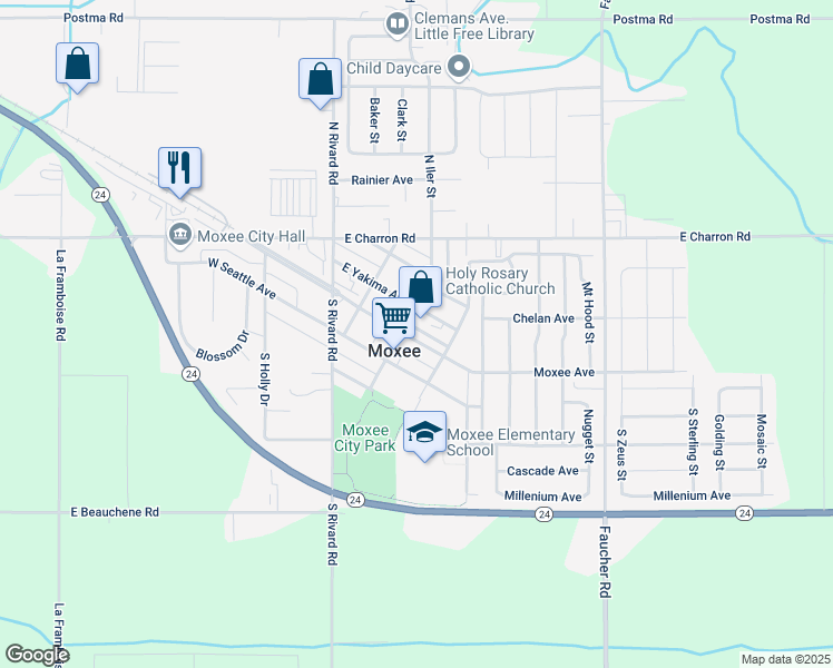 map of restaurants, bars, coffee shops, grocery stores, and more near in Moxee