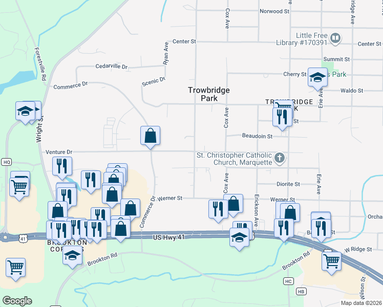 map of restaurants, bars, coffee shops, grocery stores, and more near 699-799 North Vandenboom Avenue in Marquette