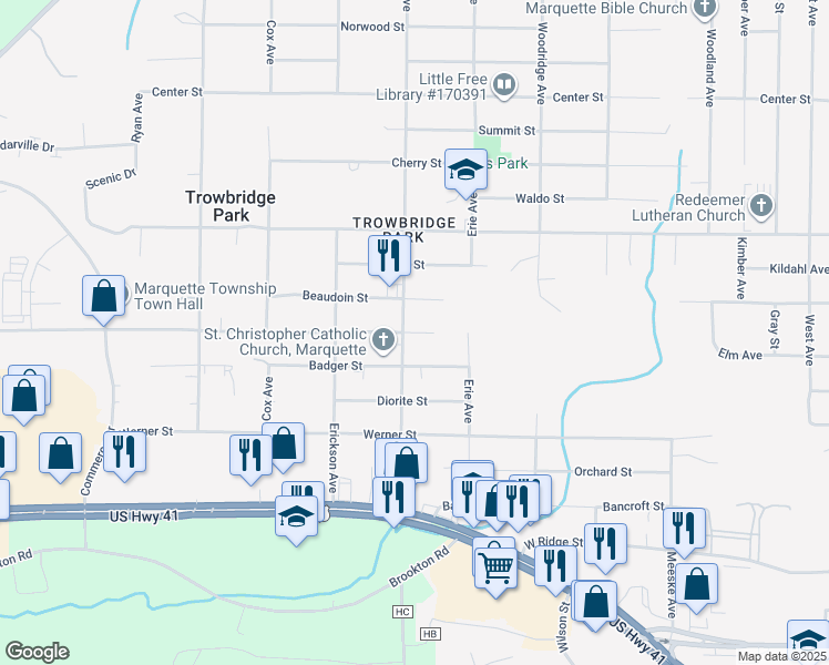 map of restaurants, bars, coffee shops, grocery stores, and more near 2263 Moran Street in Marquette